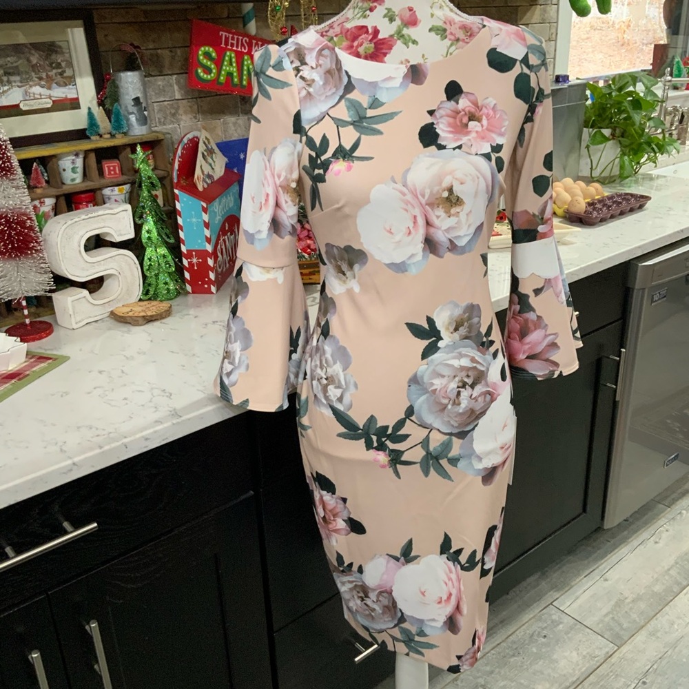 Calvin Klein Sheath Dress Feminine Floral Bell Sleeve Special Occasion Sz 2 New